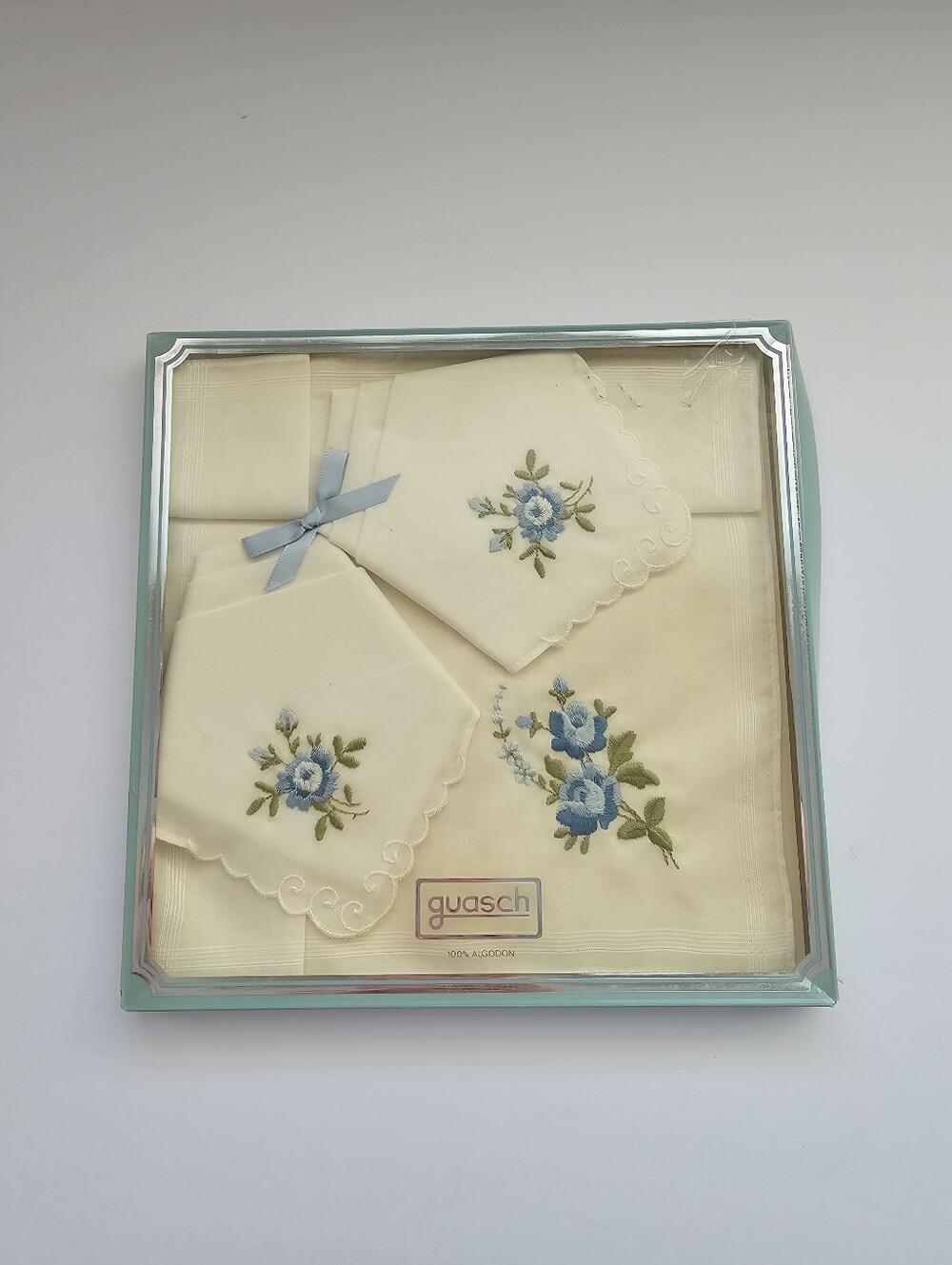 Set of 3 Vintage White Blue Flower Embroidery Handkerchiefs New in Box